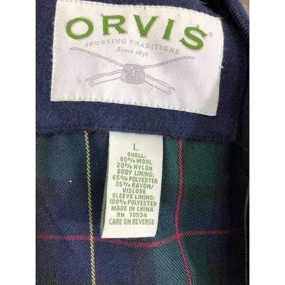 Orvis Jacket Navy Blue Wool Blend Bomber Mens L Tartan Plaid Lining Button Coat